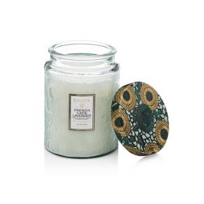 FRENCH CADE & LAVENDER LARGE GLASS JAR W/METALLIC LID CANDLE